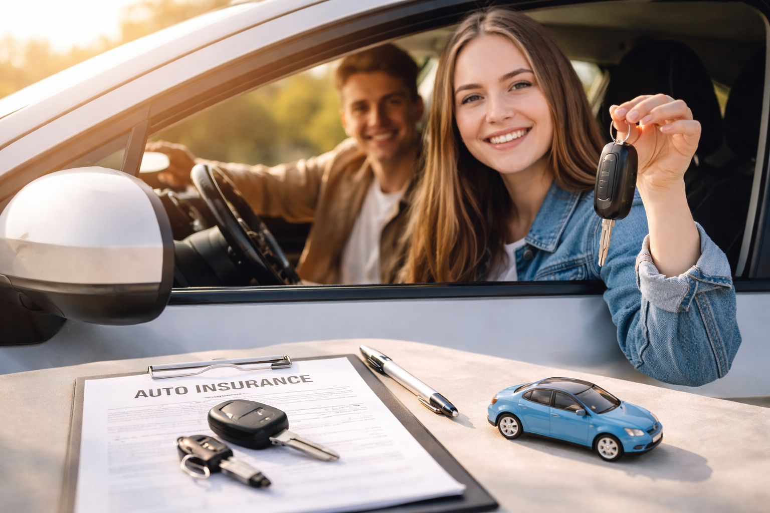 A smiling young first-time driver sits in the driver’s seat of a modern car, holding up car keys, with auto insurance documents