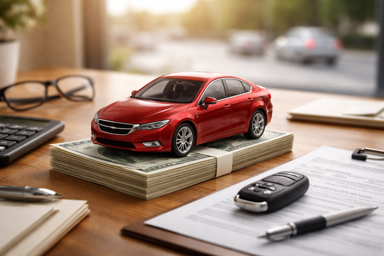 Red model sedan placed on a stack of cash on a wooden desk, surrounded by a calculator, glasses, car key, and documents