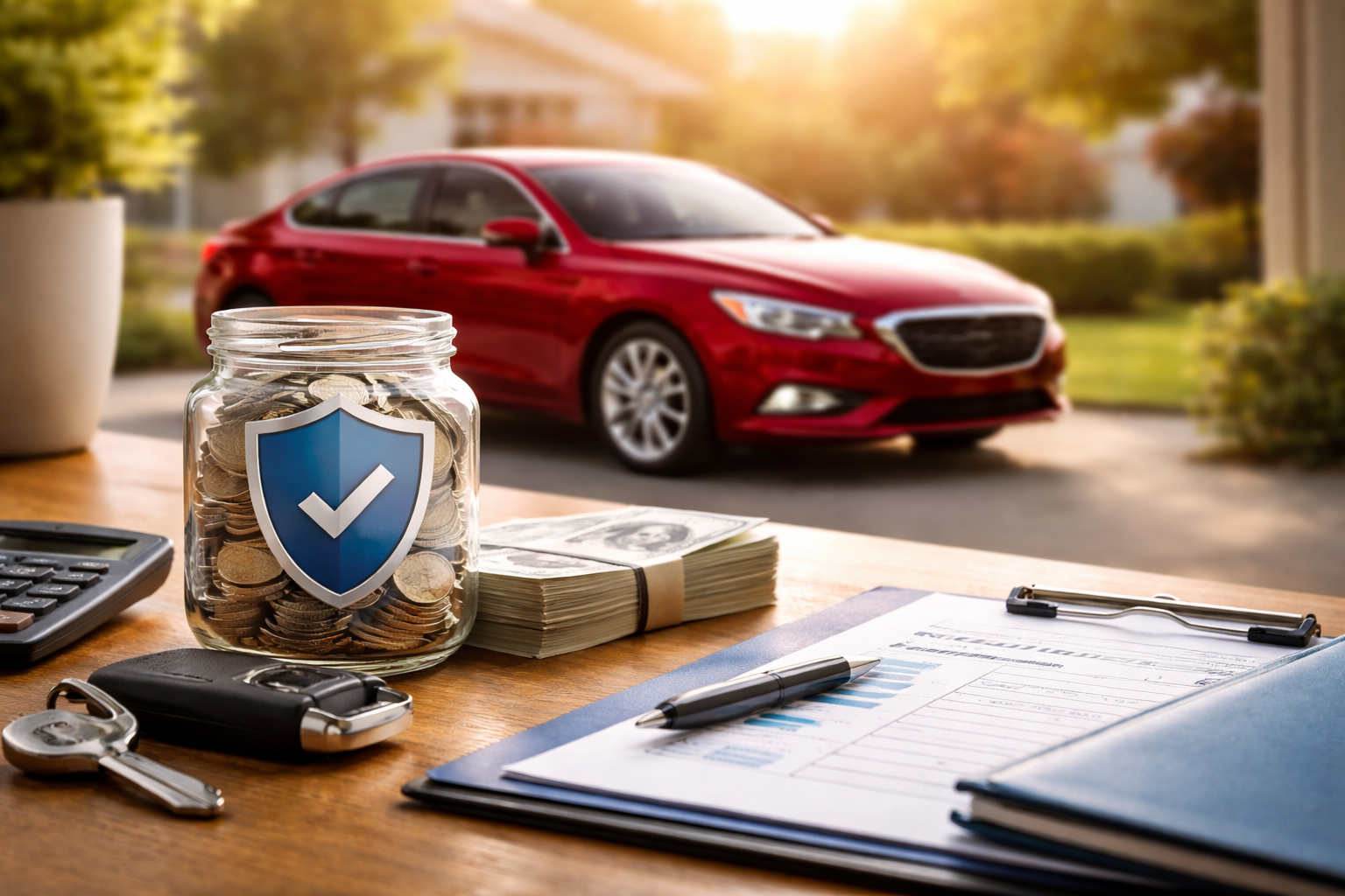 Red car in a driveway with money, documents, and keys on a table, symbolizing financial protection through car insurance.