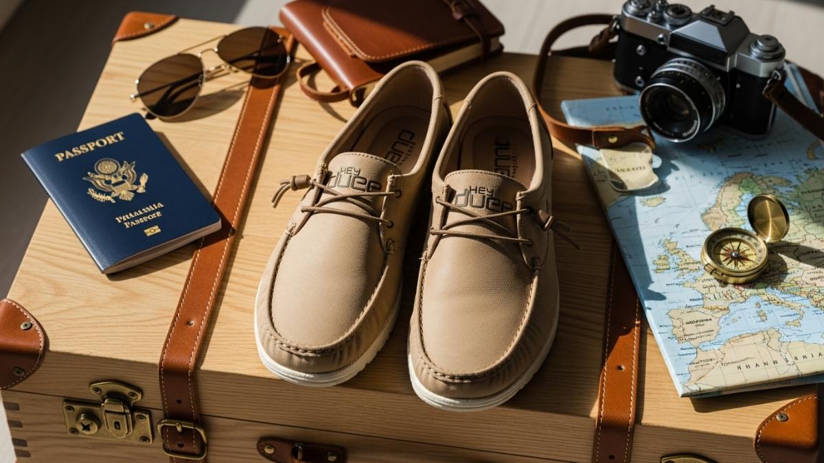 Travel essentials with passport, shoes, camera, map, and compass for international trips