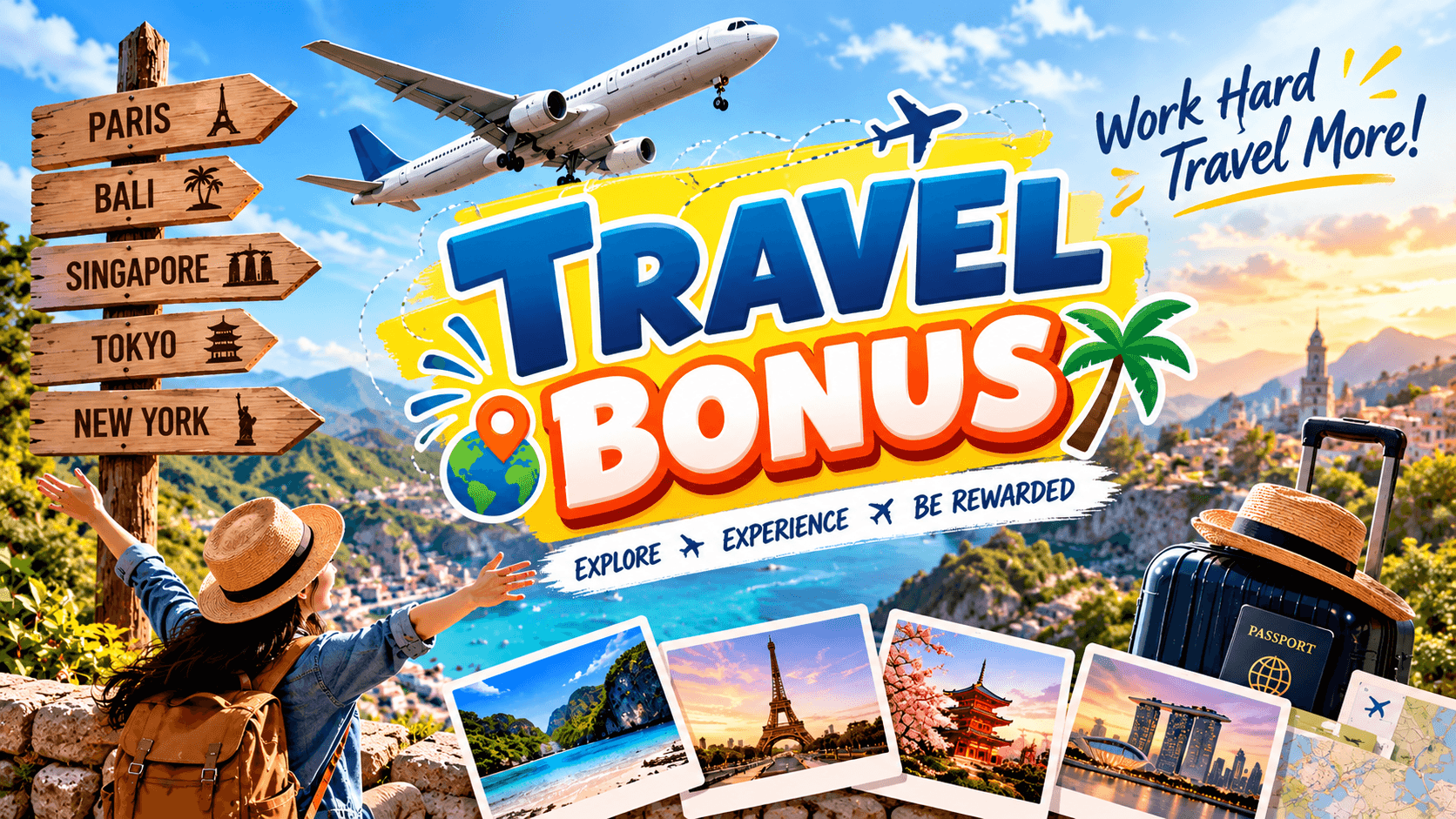 Travel bonus promotional banner featuring an airplane, tropical destinations, famous landmarks, luggage, and a happy traveler, highlighting exciting vacation rewards and travel incentives.